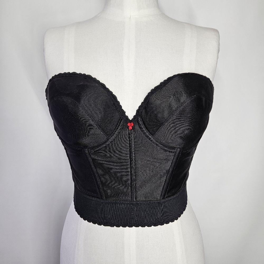 Carnival Size 38C Corset Bra Vintage Black Longline Strapless Low Back Satin